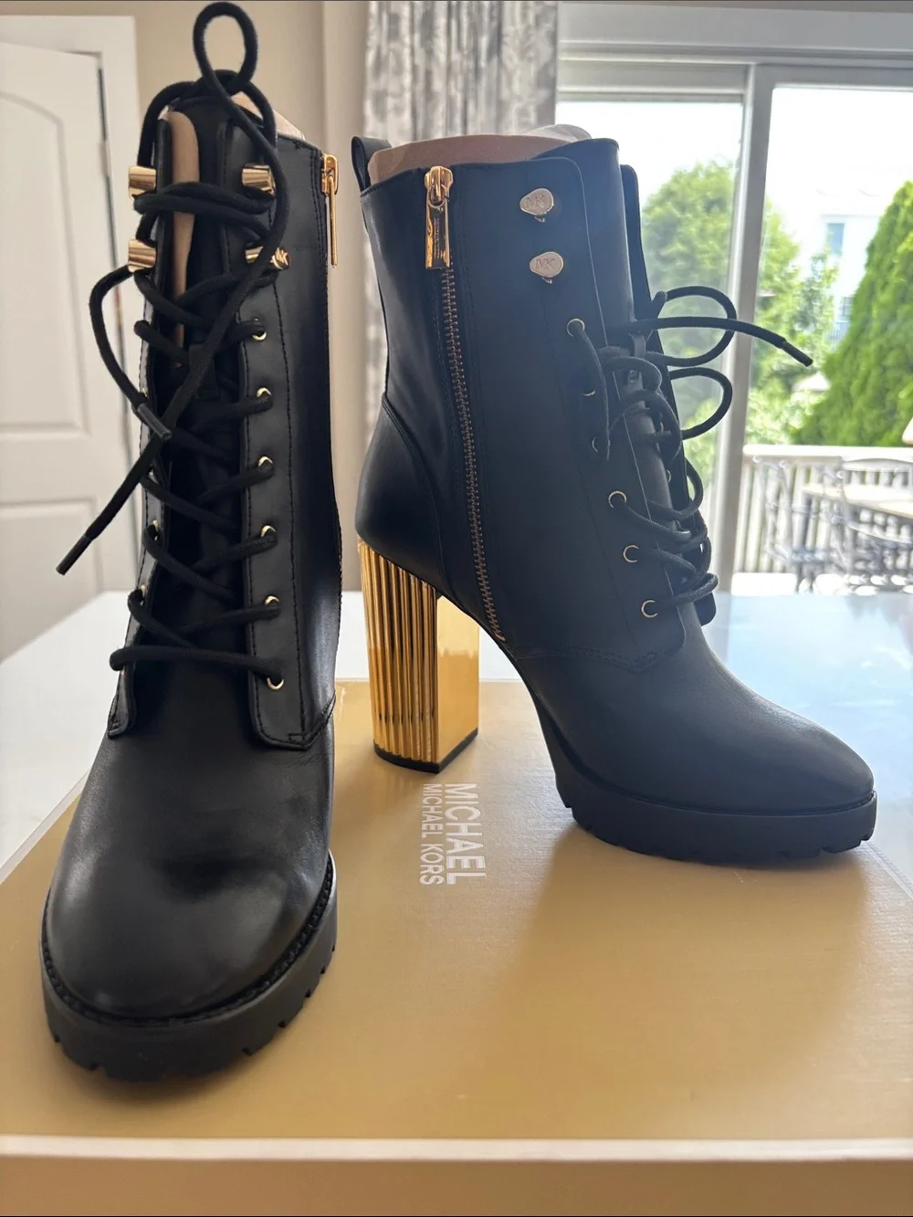 Michael Kors Black Leather Porter Lace-Up Ankle Boots with Gold Heel